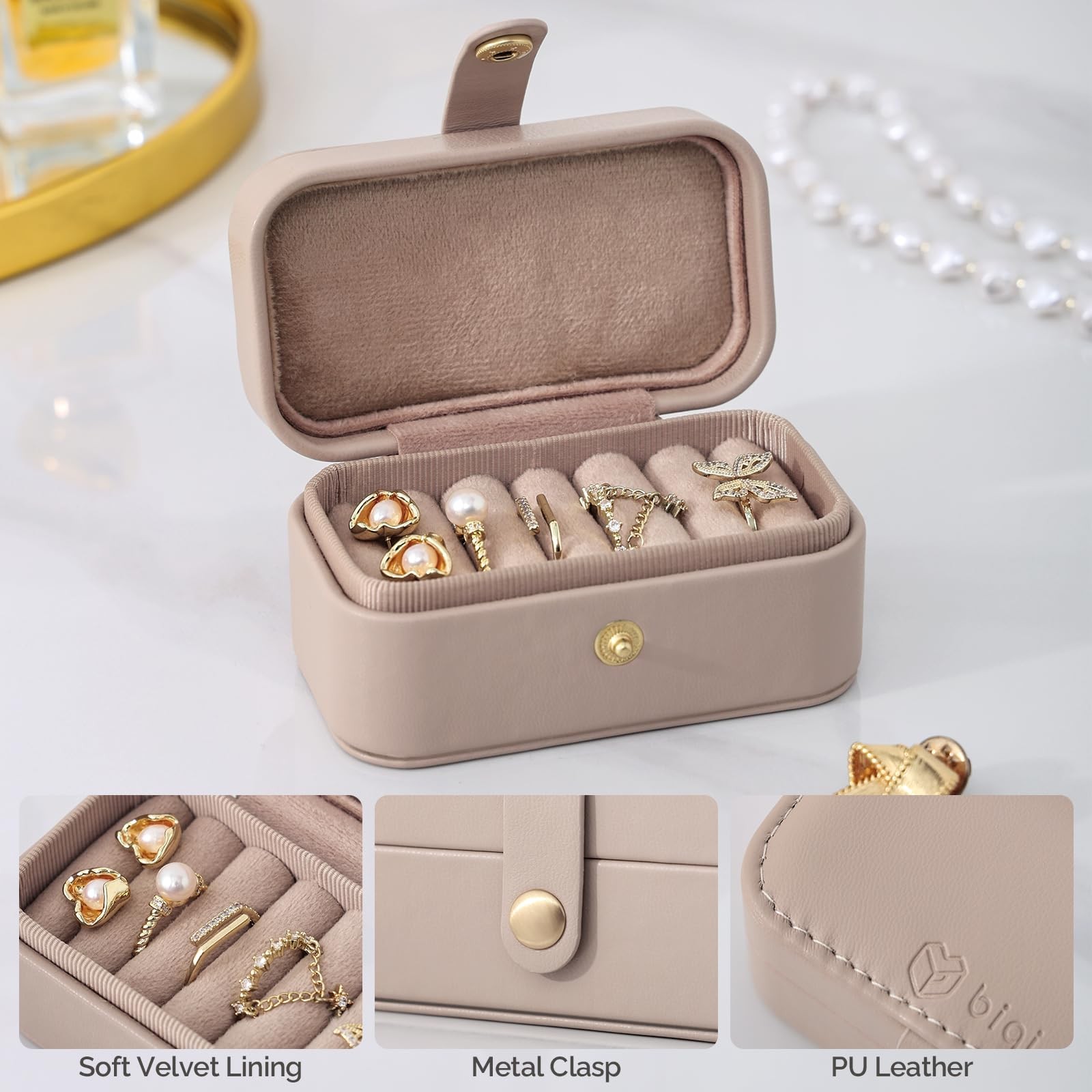 BIQI MUSSE Jewelry Ring Case for Travel, PU Leather Light Taupe