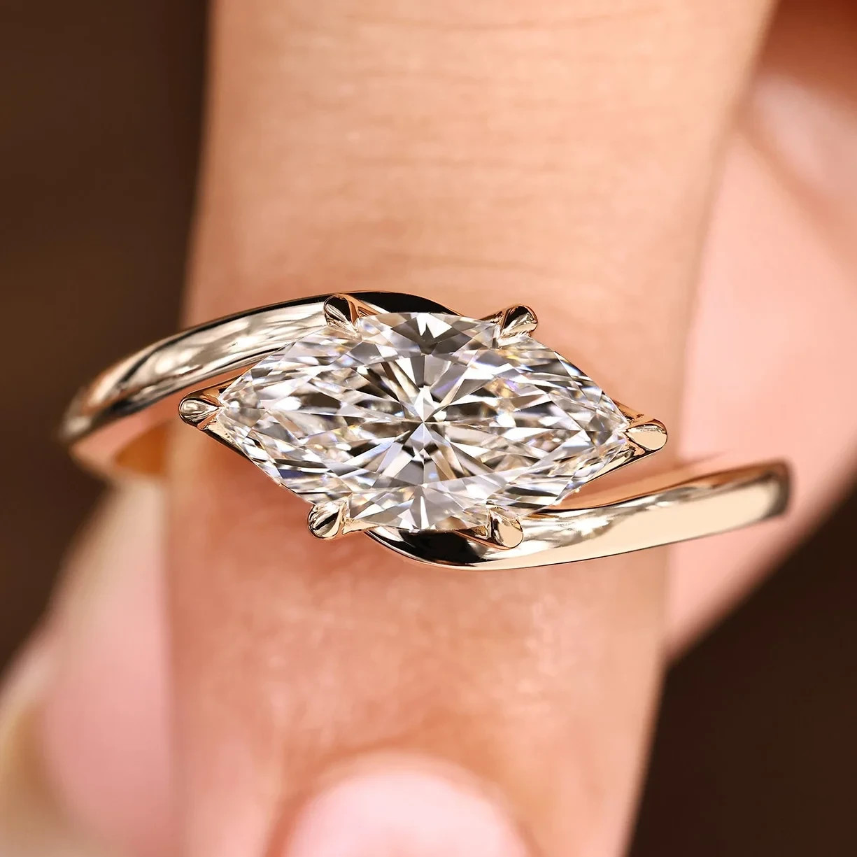 3 Ct Marquise Cut EF/VS1 Lab Grown Diamond East West Bypass Ring 14k Yellow Gold