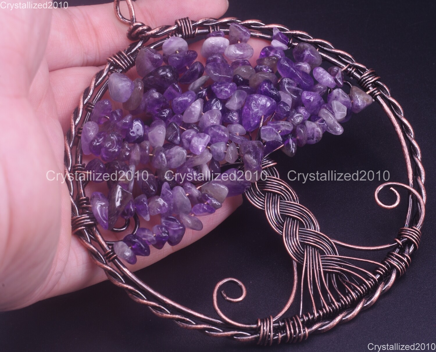 Natural Gemstone Big Round Handmade Wire Wrap Life Tree Healing Pendant Copper