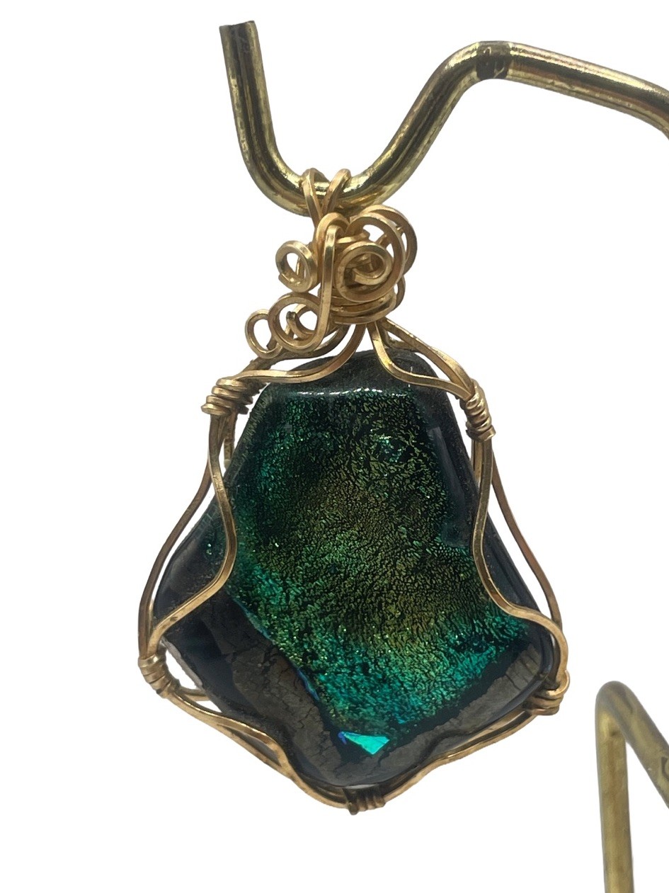 Blue Green Gold Dichroic Glass Pendant Handmade Gold Tone Wire Wrapped