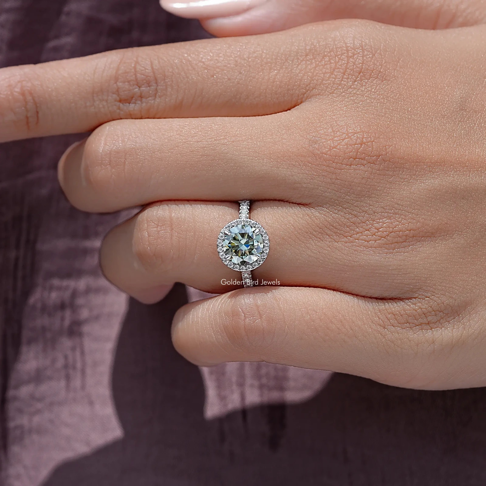 Blue Green Round Cut Moissanite Halo Ring