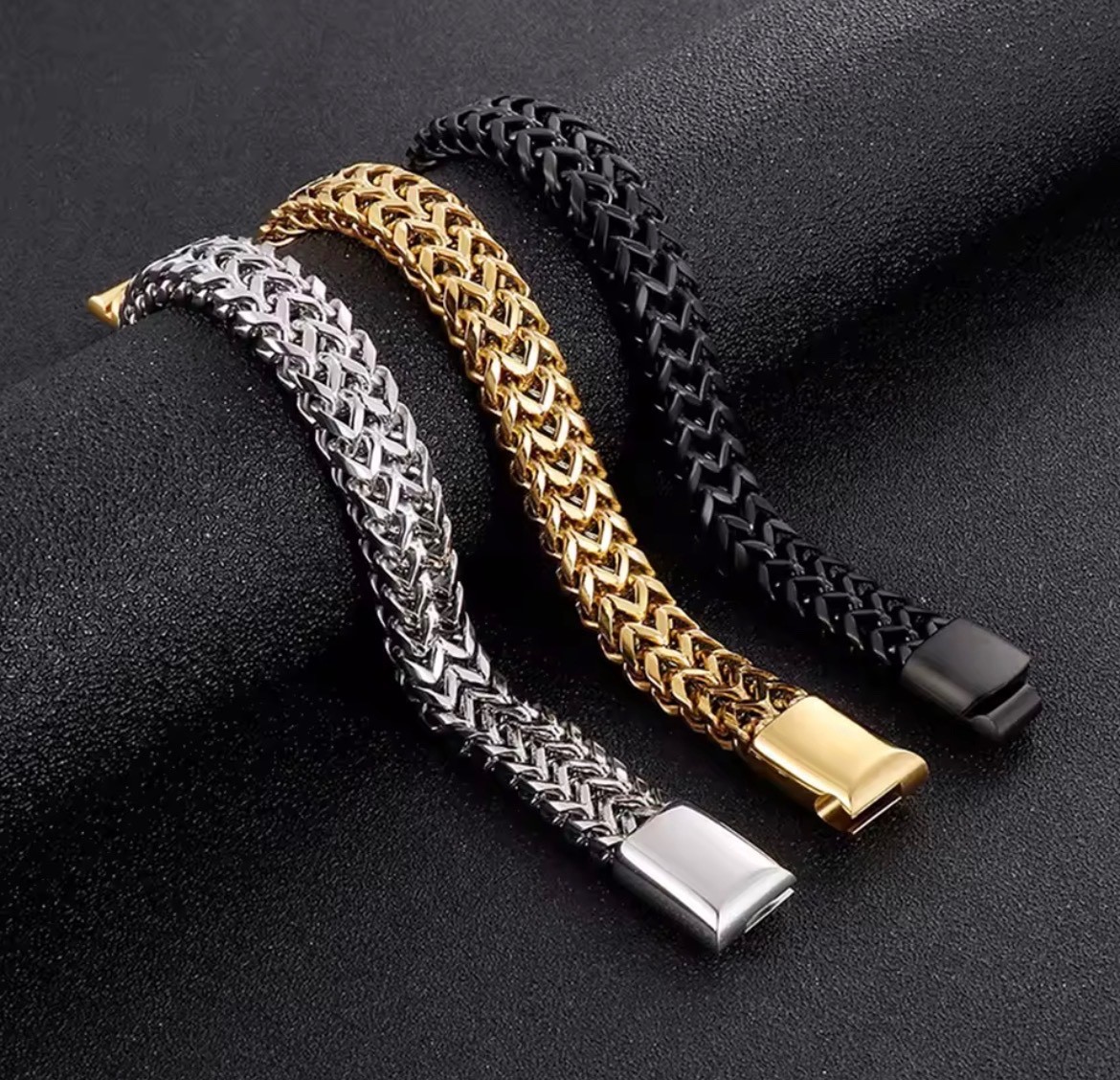 Men’s Woven Chain Bracelet Stainless Steel Gold Silver Black Hip Hop Jewelry
