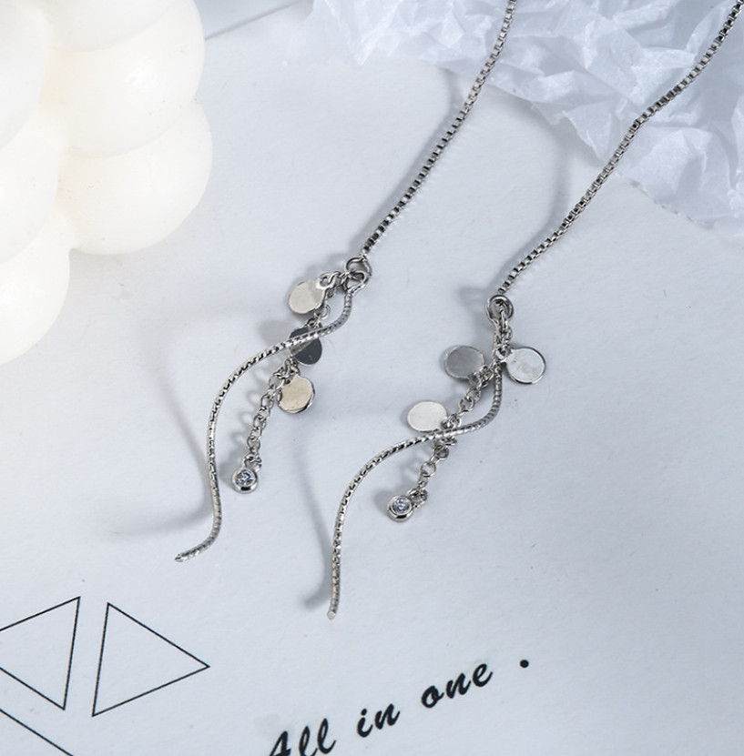 Women 925 Silver Tone Tassel Threader Disc Dangle Drop Pull Earrings Fashion I48