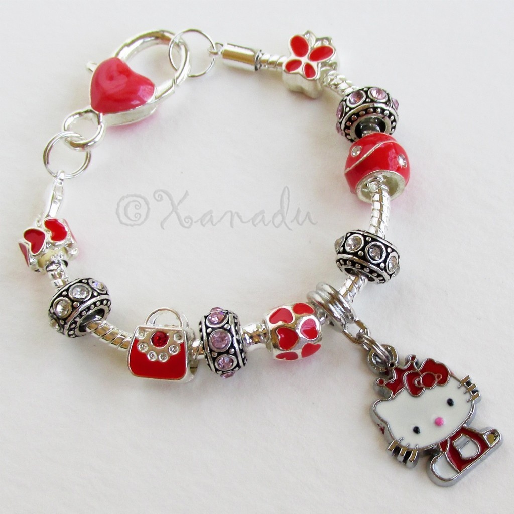 Red Hello Kitty Princess European Charm Bracelet With Ruby Red Rhinestone Beads