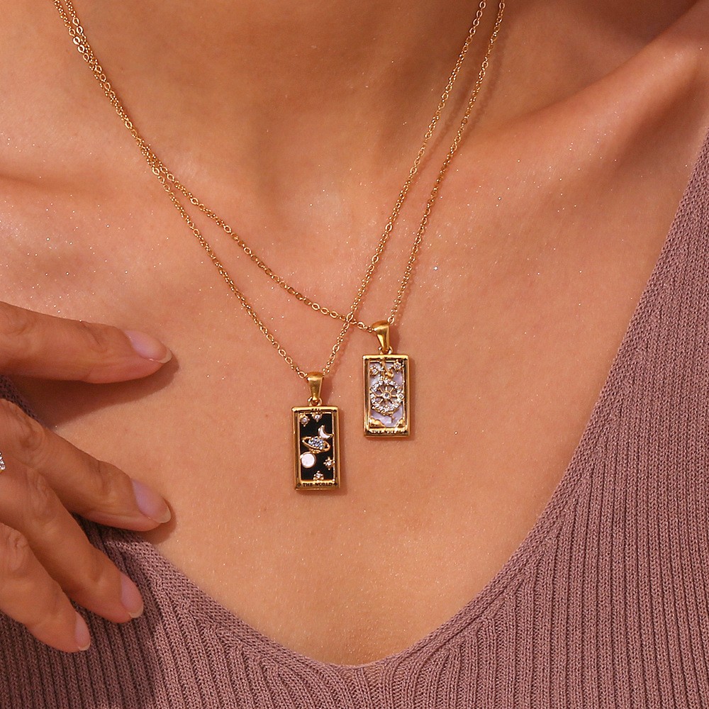 Tarot Card Rectangular Stainless Steel Enamel Zircon Fashion Pendant Necklace