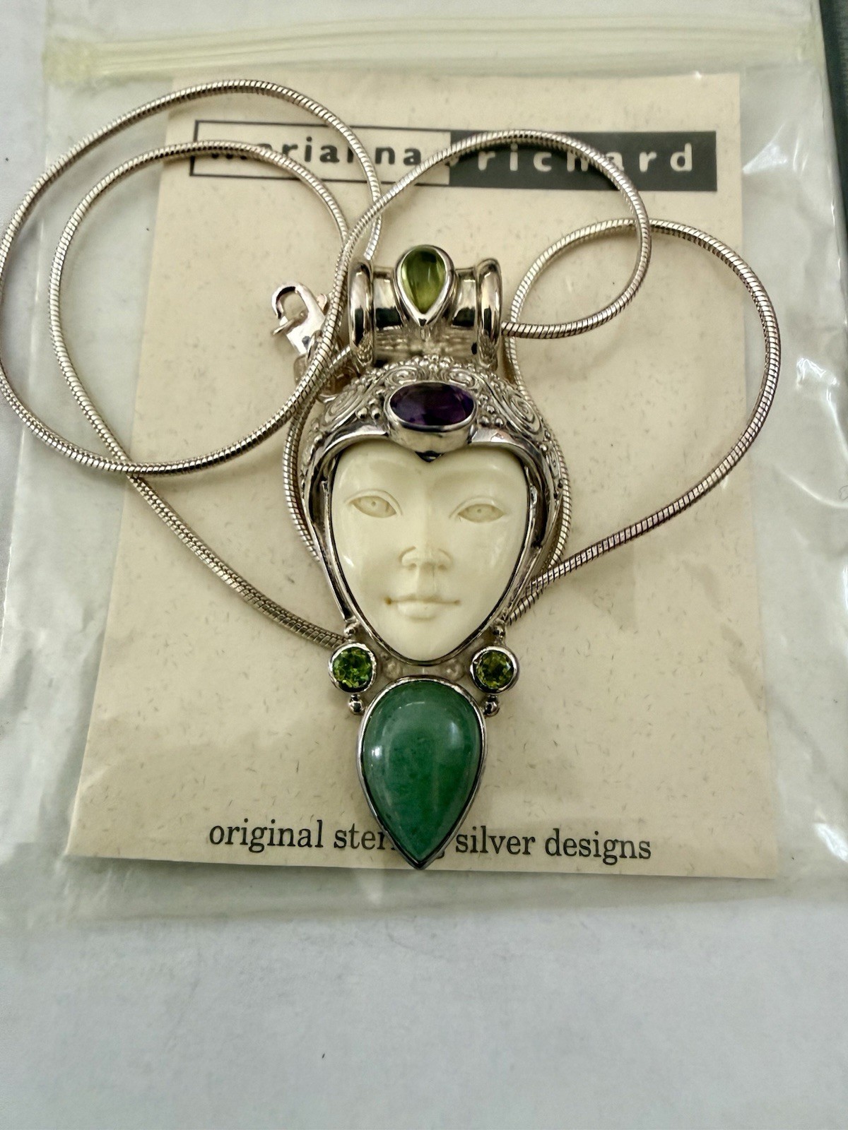 Vintage Sajen Sterling Silver Gemstone Carved Goddess Necklace Pendant