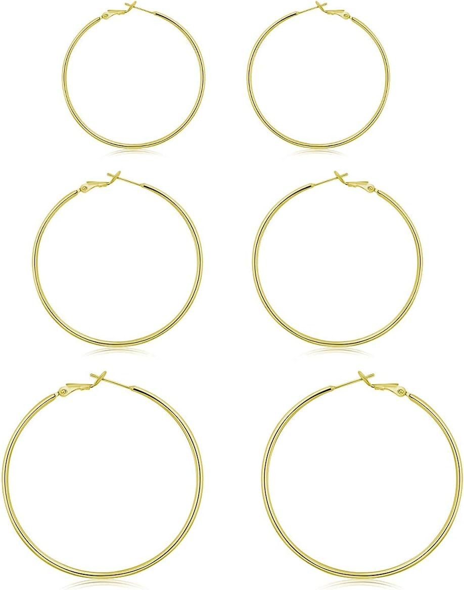 3 Pairs Sterling Silver Hoop Earrings, 14K White Gold Plated Big Hoop Earrings S