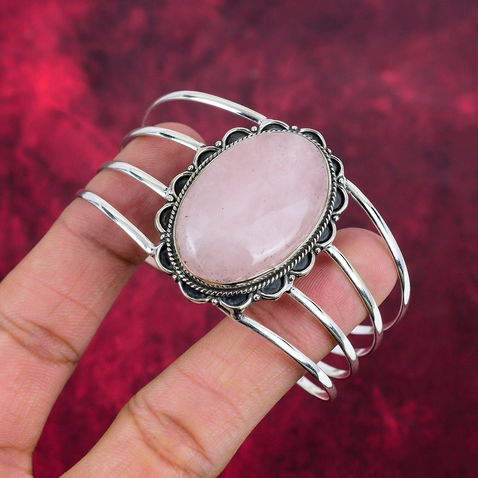 Rose Quartz Gemstone Handmade Bangle 925 Sterling Silver Adjustable Jewelry