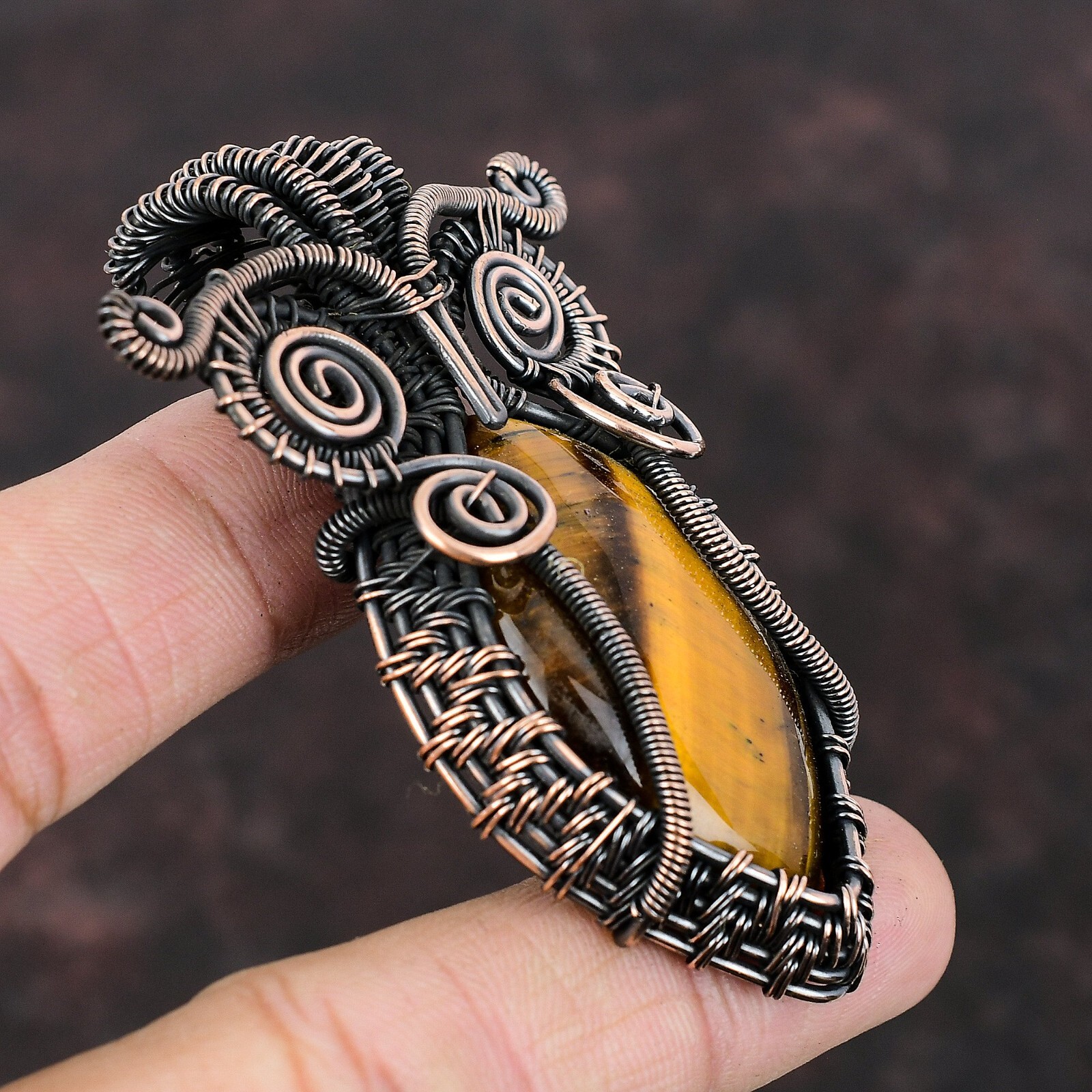 Tiger’S Eye Wire Wrapped Owl Pendant Handcrafted Copper Holiday Jewelry 2.83″