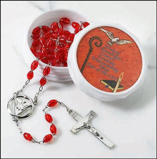 Holy Spirit Trinity Dove Red Prayer Bead Rosary Confirmation Keepsake Case,18 In