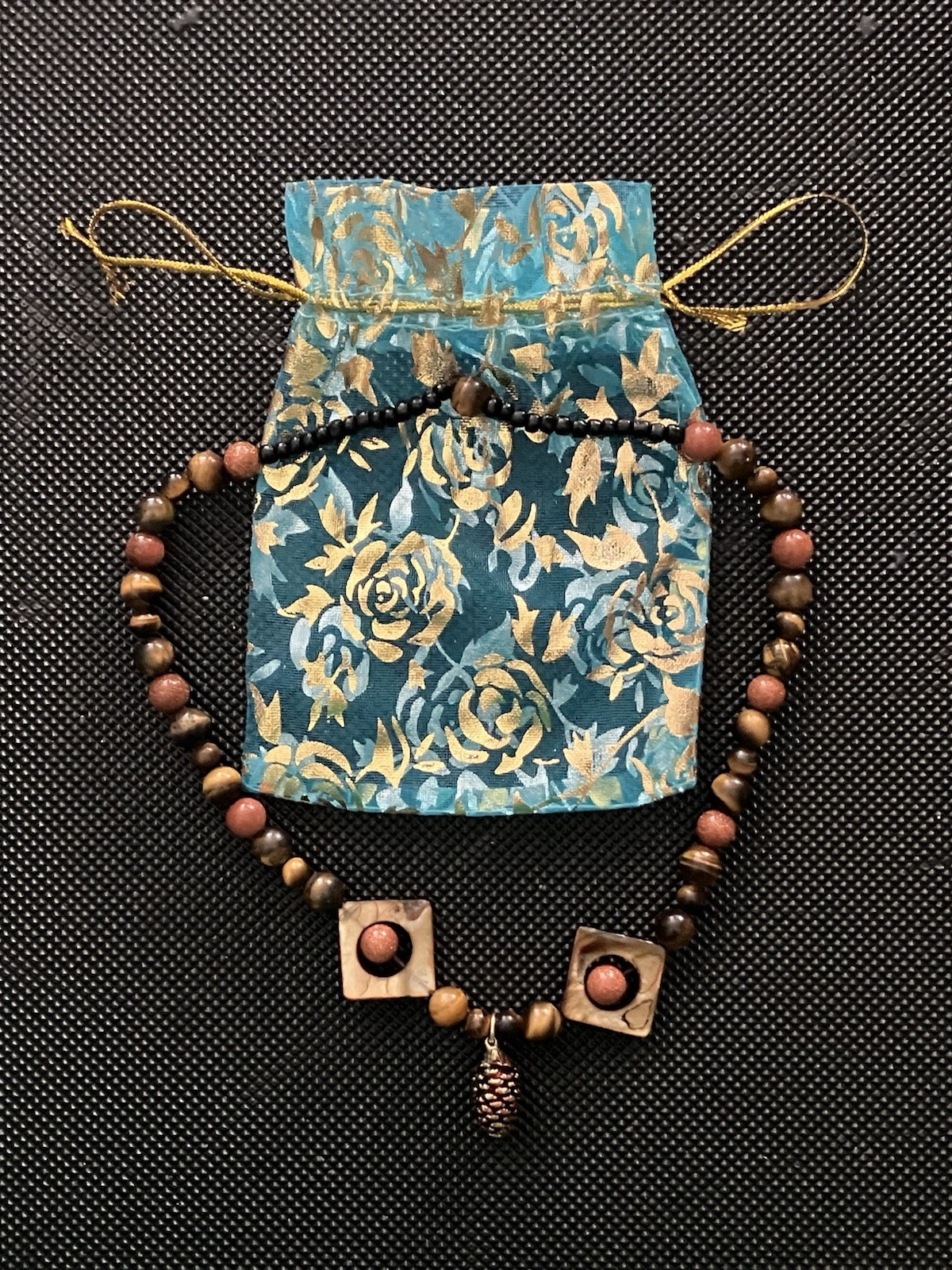 Pinecone and Tiger Eye, Sand Stone and Abolone beaded necklace, with elastic