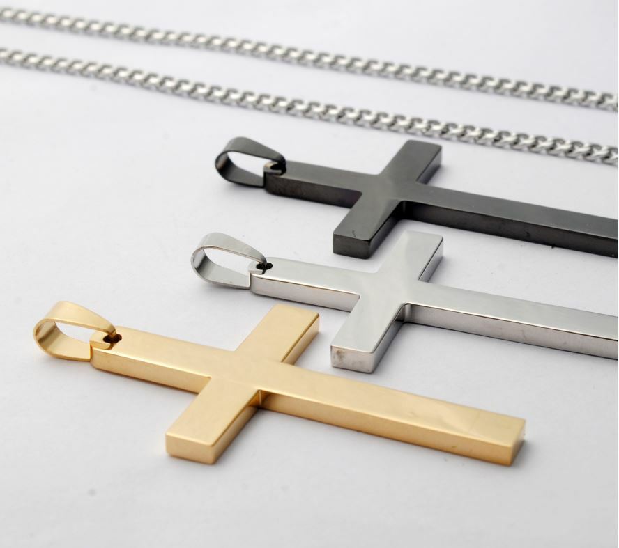 Women Men stainless steel Silver Gold Black cross pendant 22″ Cuban Necklace