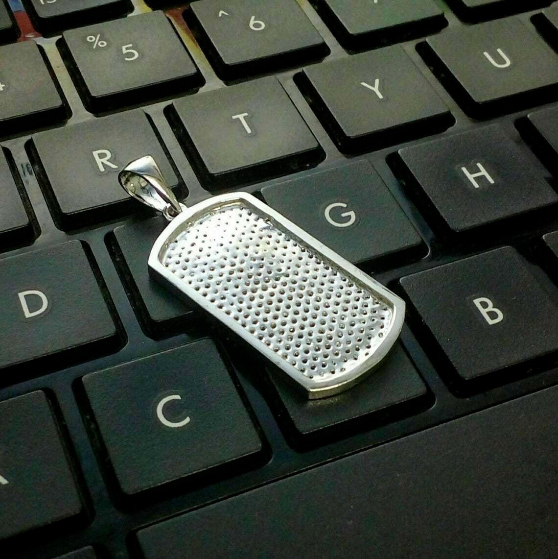 Stunning Men’s Dog Tag Simulated Diamond Cluster Pendant 14k White Gold Plated
