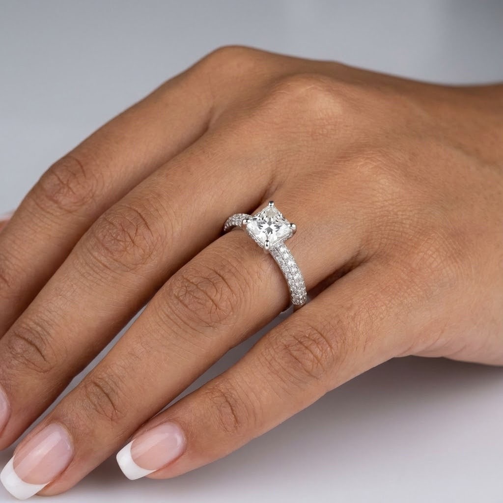 Engagement Ring 18K Gold Under Halo 1.93 Carat Princess Lab-Grown Diamond E VS1