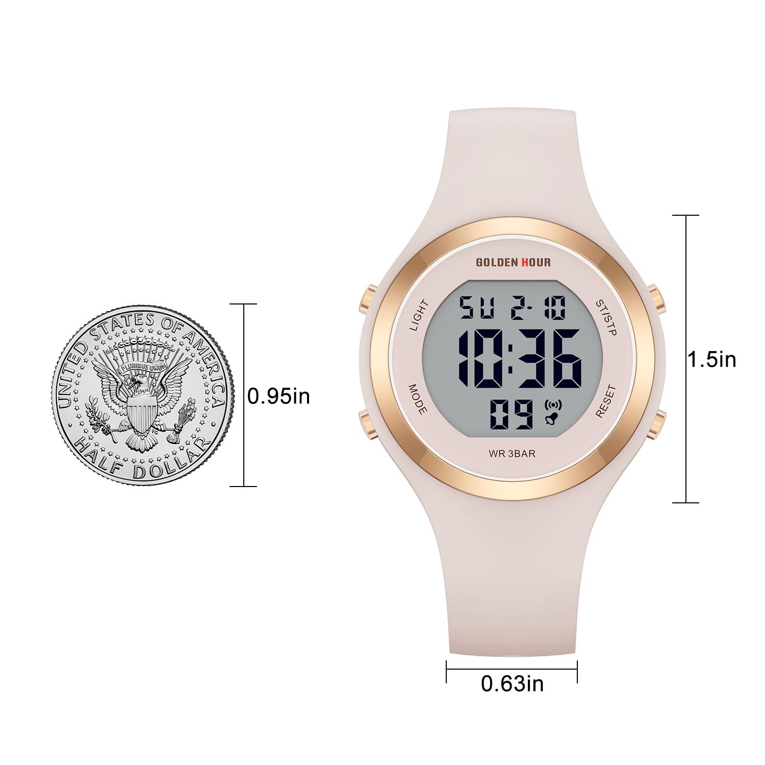 Digital Chronograph Watch Women 38mm Rose Gold Waterproof Silicone Strap Alarm
