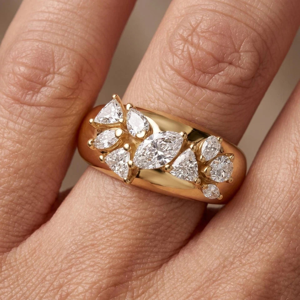 Cluster Engagement Ring Sale ! Marquise Cut Lab Grown Diamond 14k Yellow Gold