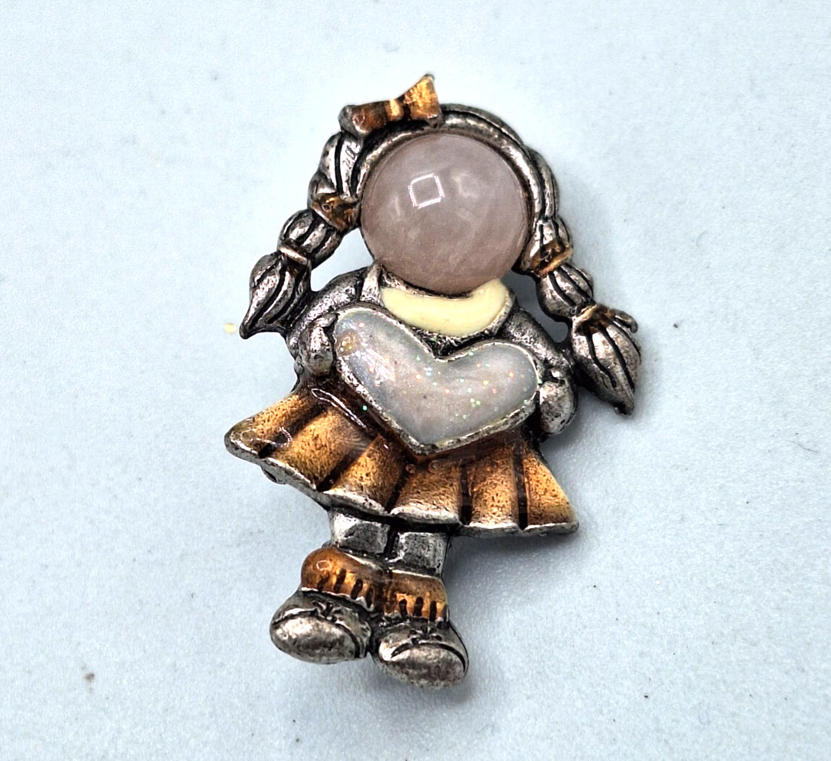 Vintage AJMC Silver Tone Girl with Heart Brooch, Rose Quartz Face