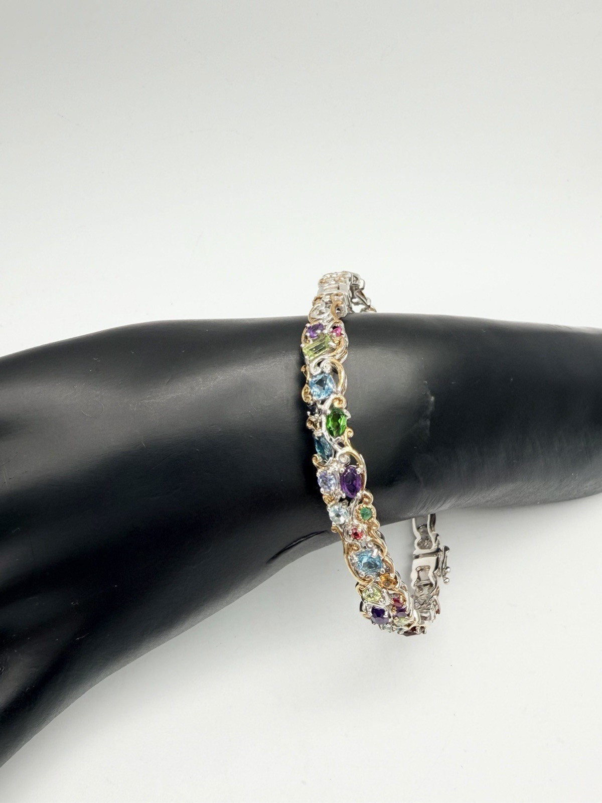 Carnival Multistone Gemstone 18k Gold Accented Sterling Silver Filigree Bracelet