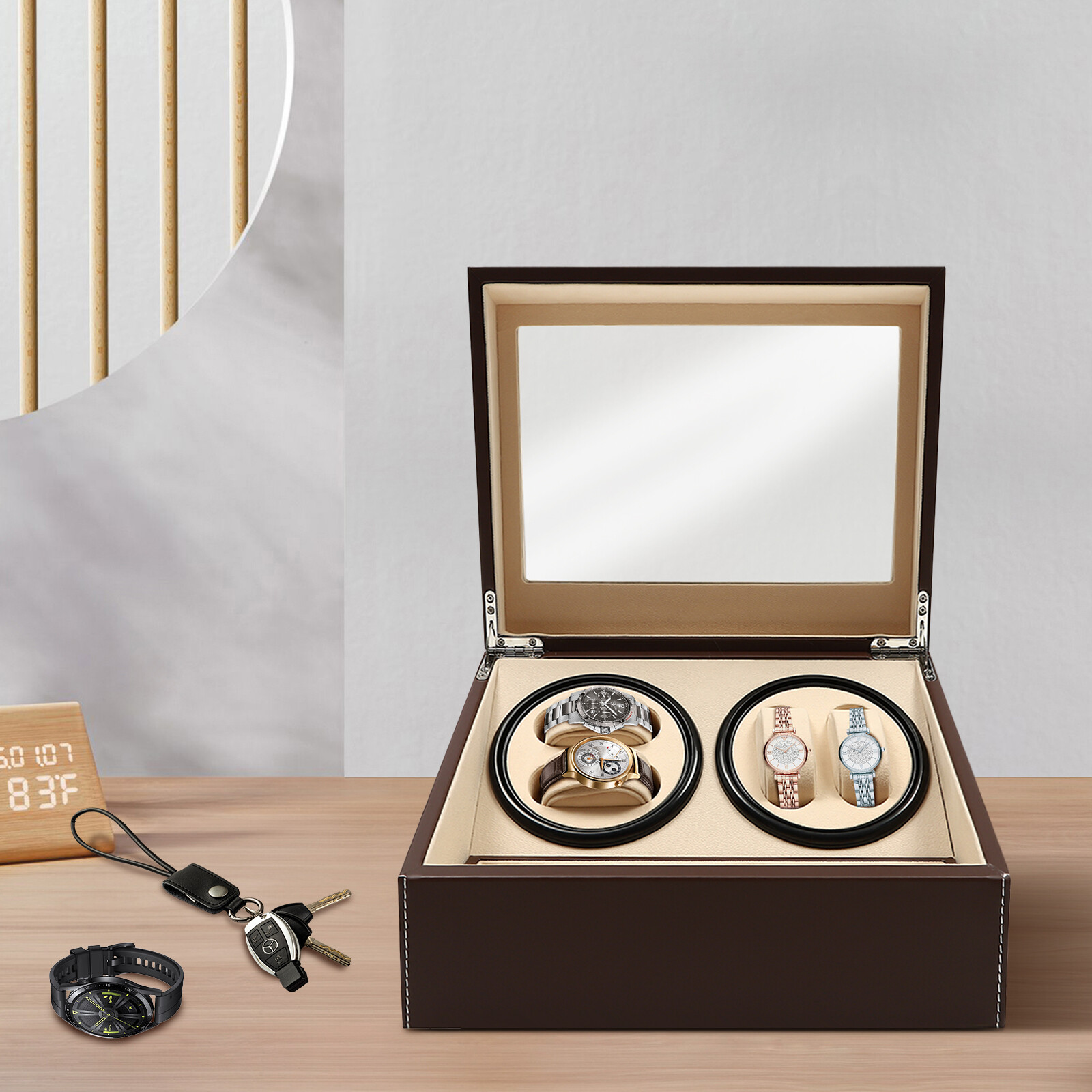 4+6 Automatic Rotation Leather Wood Watch Winder Storage Box Display Case