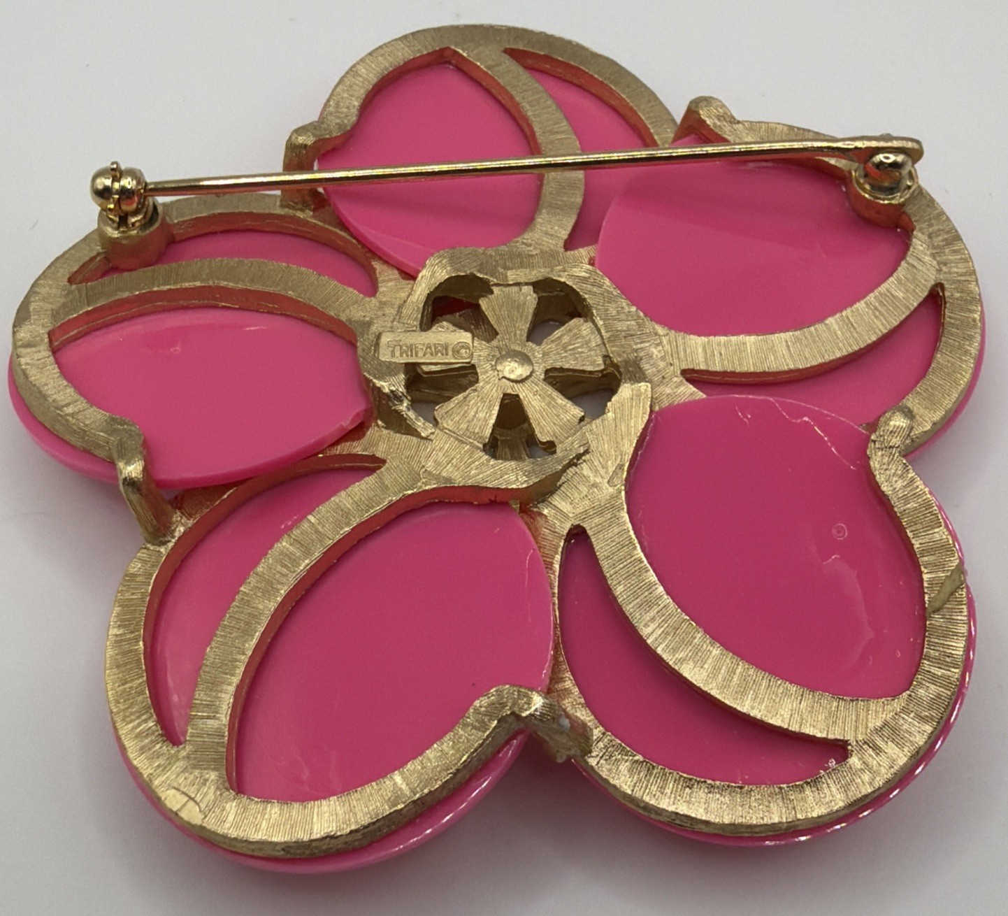 Vintage Crown Trifari Large Pink & White Faceted Petal Brooch 2.75”