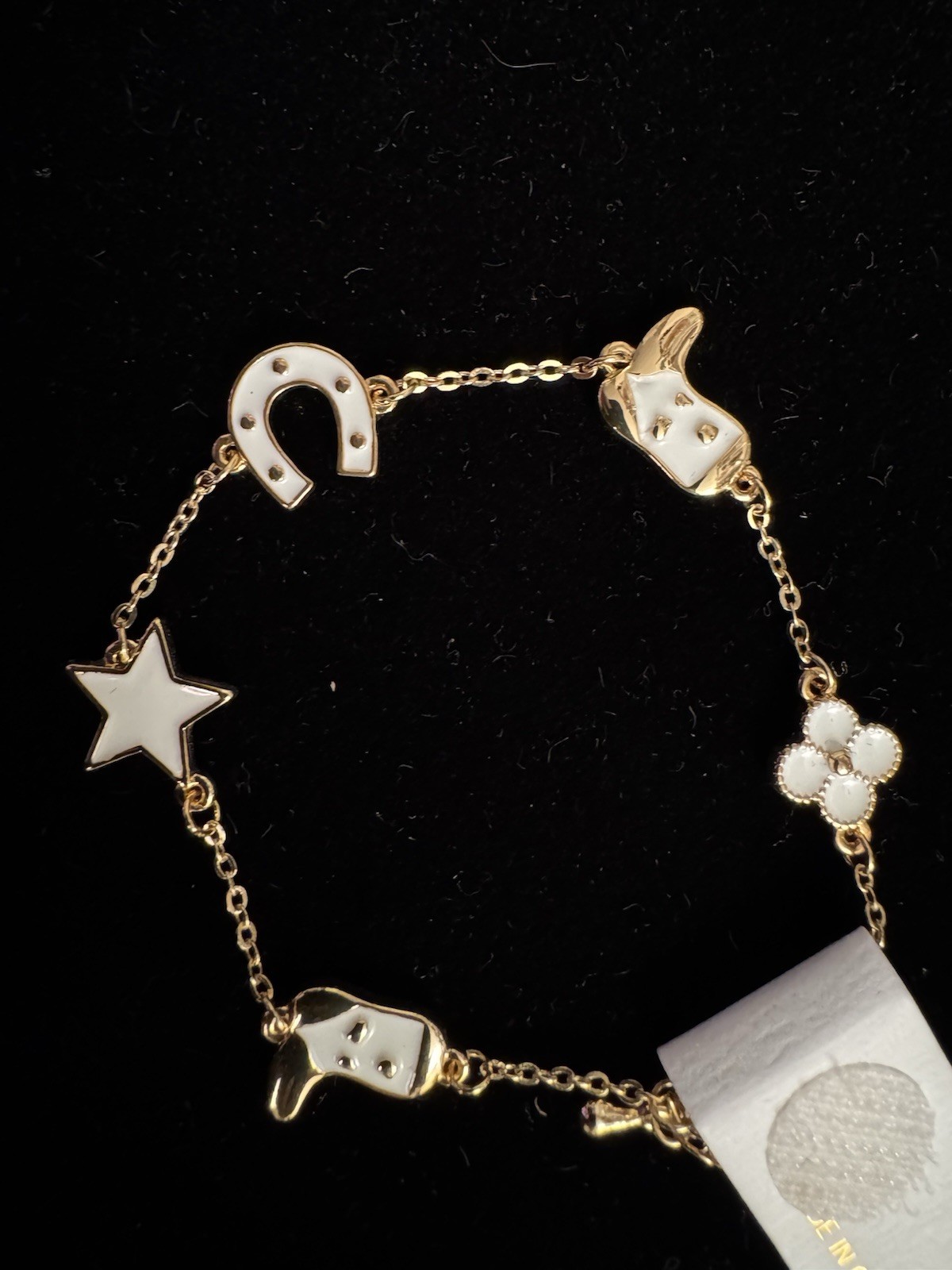 Gold Tone White Enamel Cable Chain Charm Bracelet Dangle Star Horseshoe Hat Boot