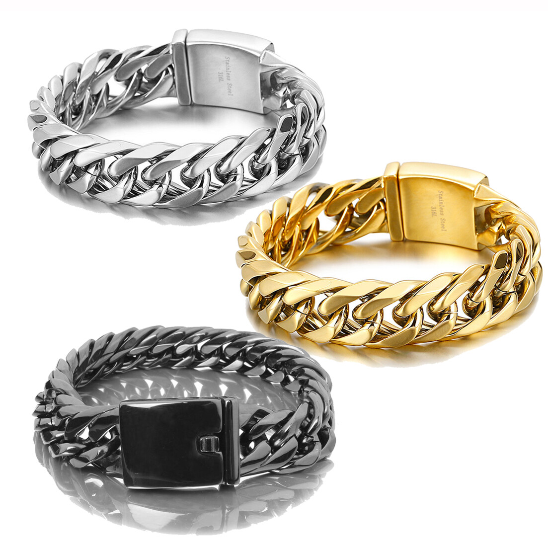 Men’s Silver/Gold/Black Stainless Steel Curb Cuban Chain Link Bracelet 7″-11″