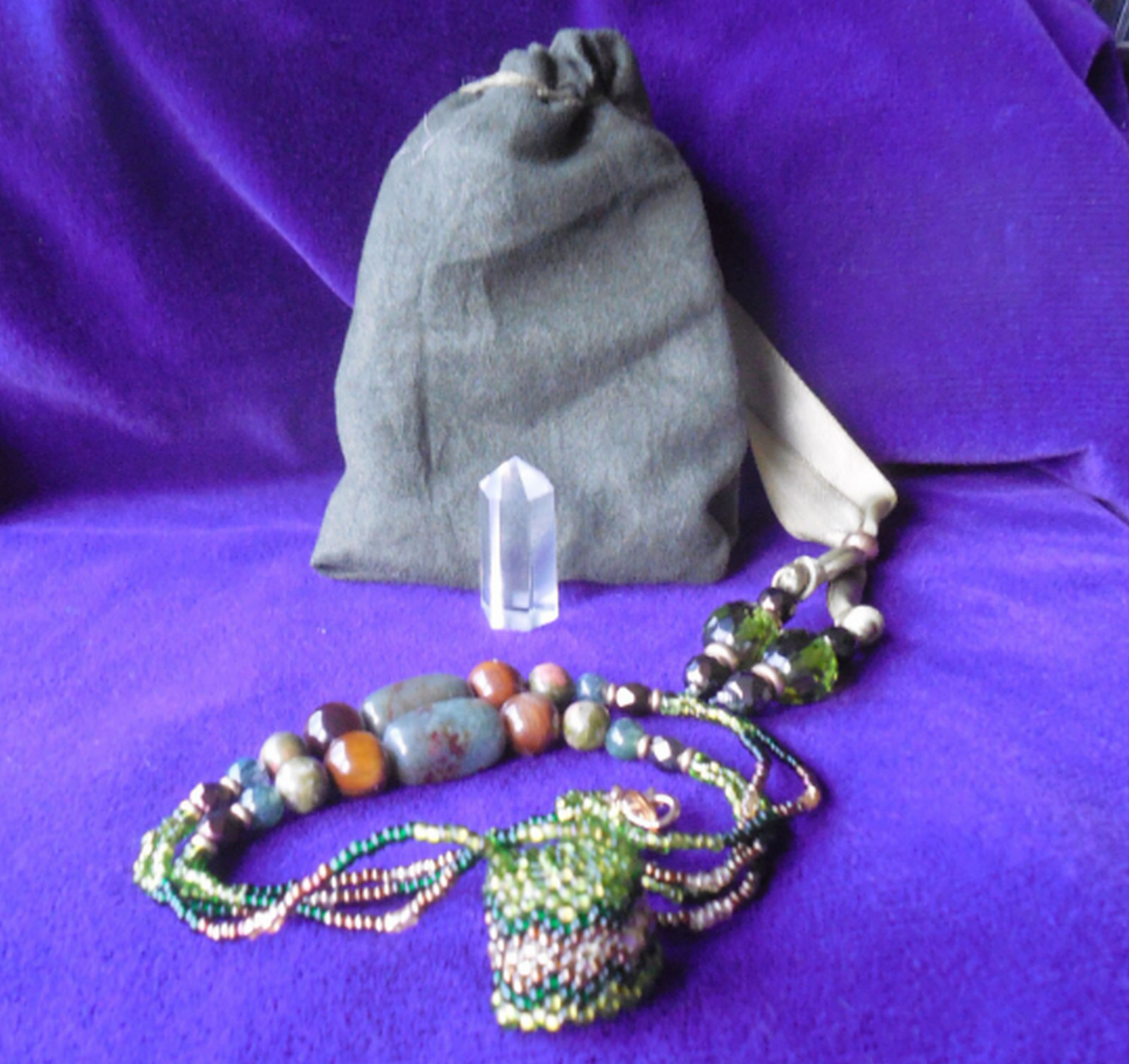 Quartz Crystal Point Beaded Necklace w/ Bloodstone Tigers Eye Unakite Moss Agate