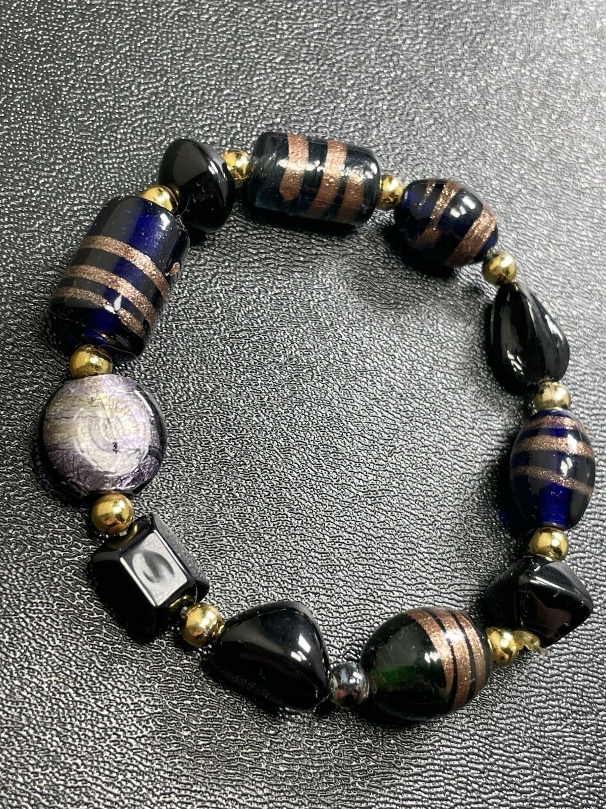 Vintage Blue & Green Murano Art Glass Beaded Stretch Bracelet