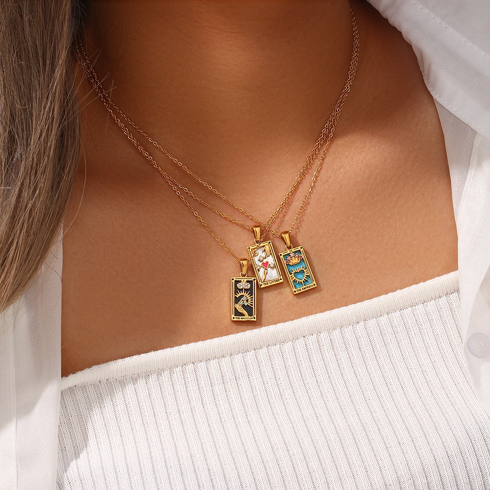 Tarot Card Rectangular Stainless Steel Enamel Zircon Fashion Pendant Necklace
