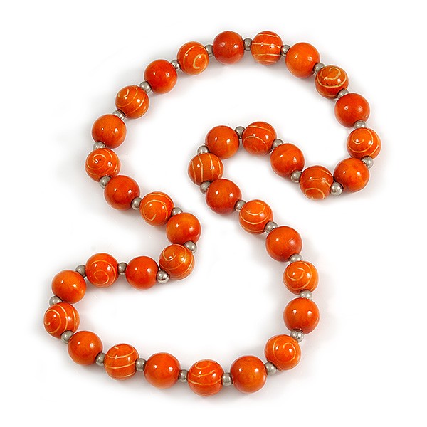 Long Chunky Orange Wood Bead Necklace – 82cm L