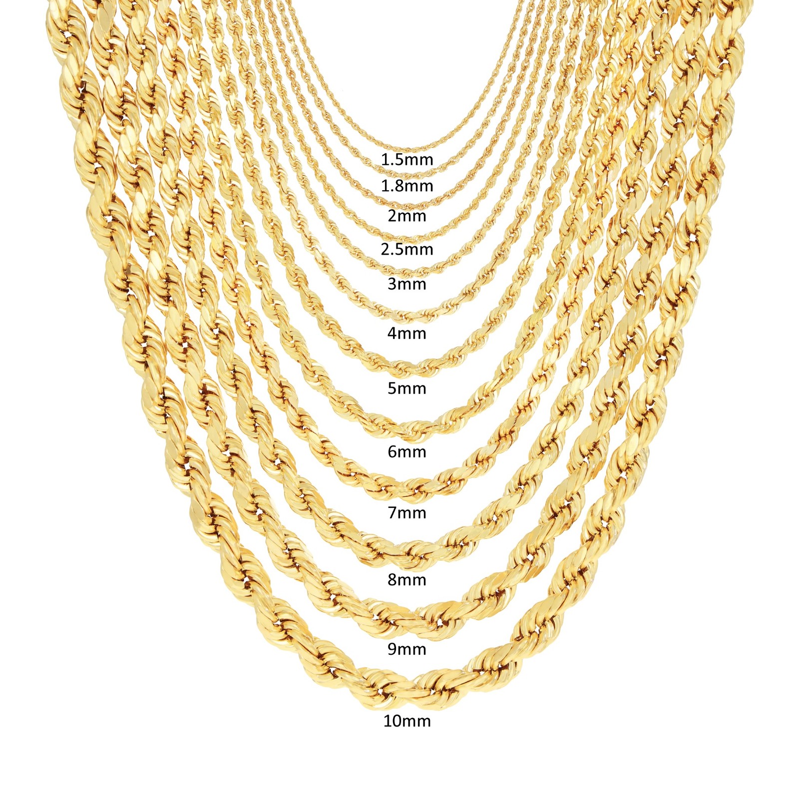 10K Yellow Gold 1.5mm-10mm Diamond Cut Rope Chain Necklace Mens Women 16″- 30″