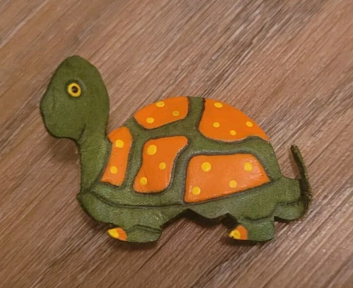 Vintage Leather Turtle Pin, green, orange & yellow