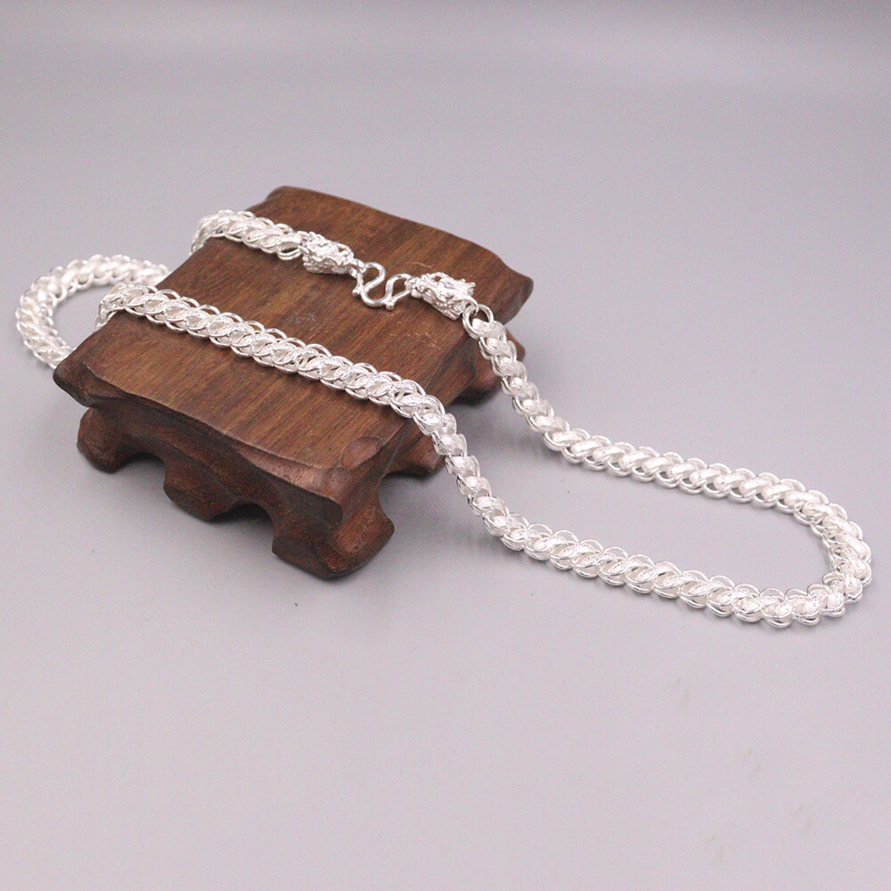 Real 999 Pure Silver Necklace Men Women 9mm Dragon Head Curb Link Chain 20inch