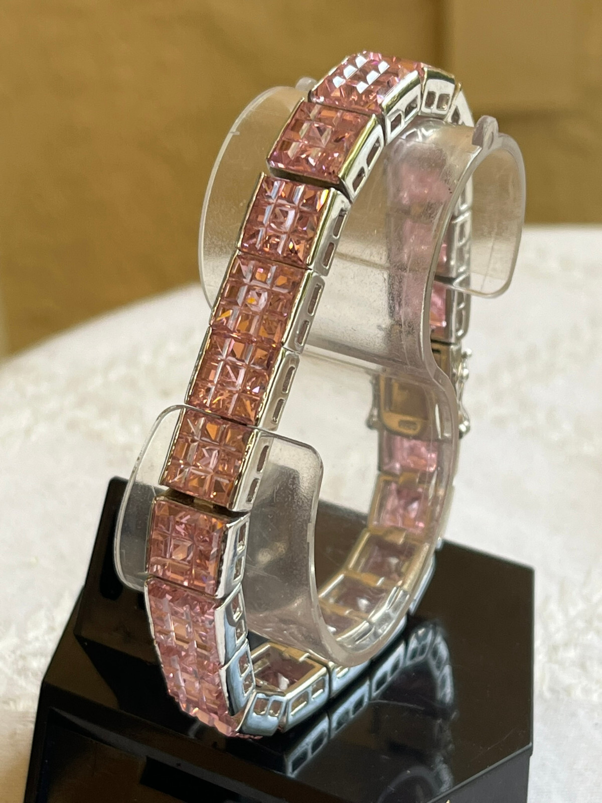 925 Sterling Silver Link Bracelet Brilliant Pink Heavy Push Lock with Security