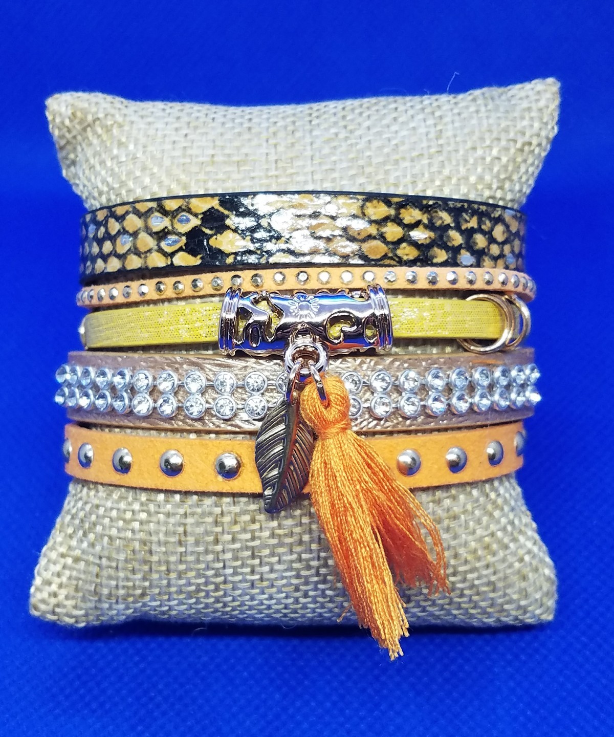 Wellmore Orange Snake Print Leaf Charm Tassel Leather Bracelet 19cm/7.5 inches