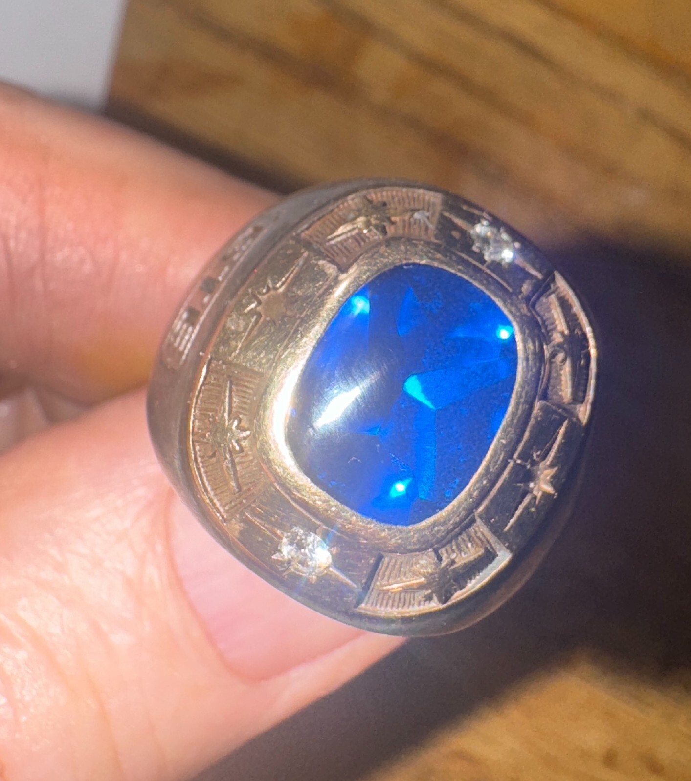 GTE Service Ring: Sterling & 14K Gold w/2 Diamonds & Blue Stone Very Cool SS-137