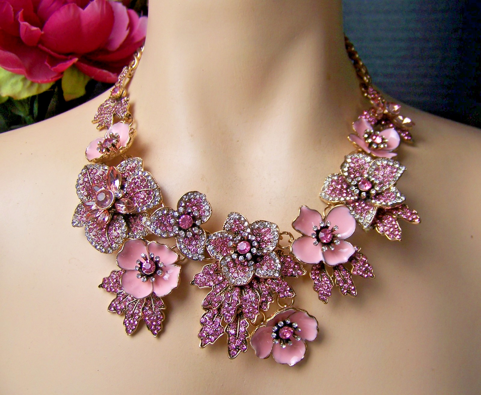PRETTY IN PINK Pave Rhinestone Enamel Flower Bib Vintage Style Necklace