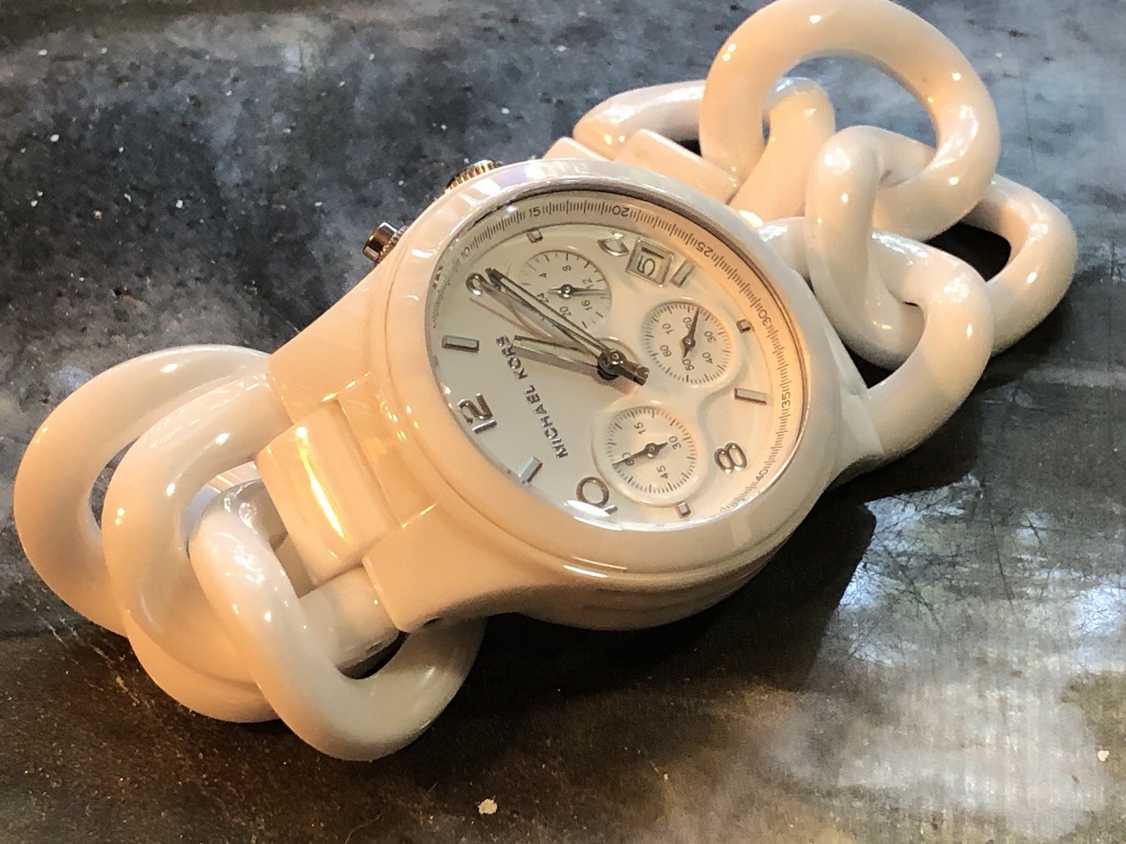 ✨🤍 NOS STUNNING Early MICHAEL KORS White CERAMIC Chain Link Bracelet Watch🤍✨