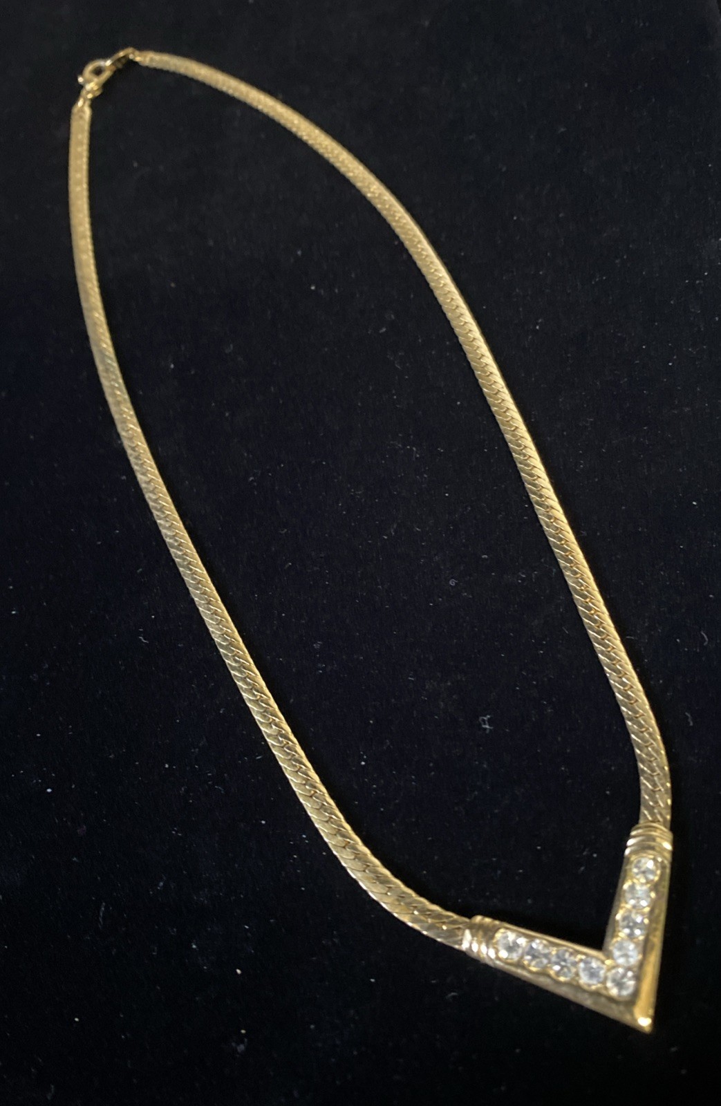 Avon Rhinestone Necklace V Shape Herringbone Gold Tone Prom Bridal Signed 17”