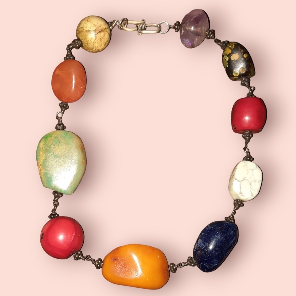 Turquoise coral lapis sterling 925 necklace vintage 15in gemstones Choker