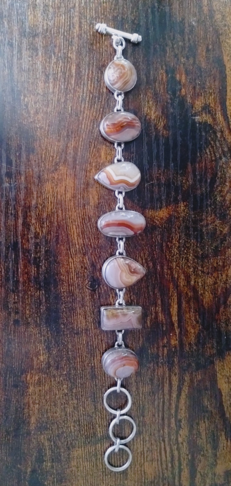 Natural SJ Red Banded Agate Stone Sterling Silver Sajen Toggle Bracelet 7-9in