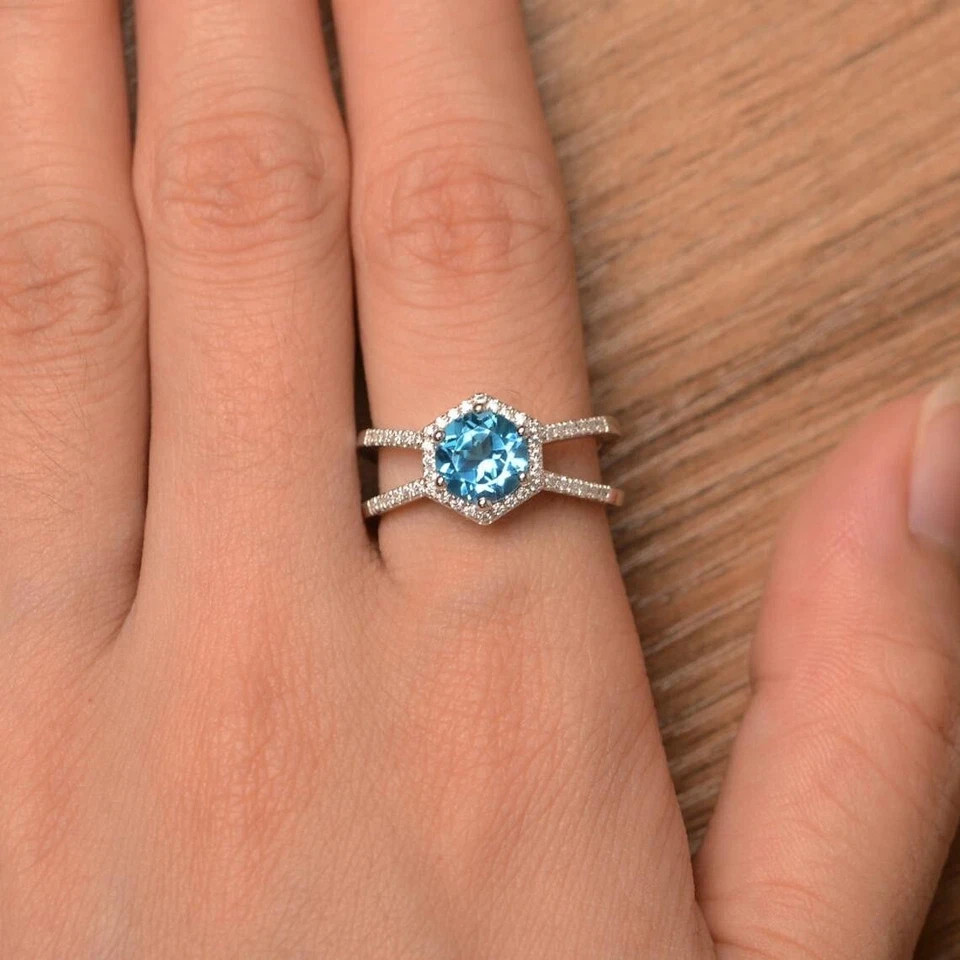 2.50 Ct Round Cut Blue Topaz Diamond Engagement Ring 14K Solid White Gold