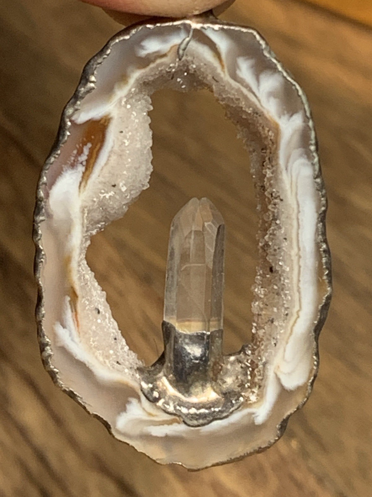 Large Vintage Flame Agate Geode Druzy Crystal Pillar 925 Over Stone Pendant
