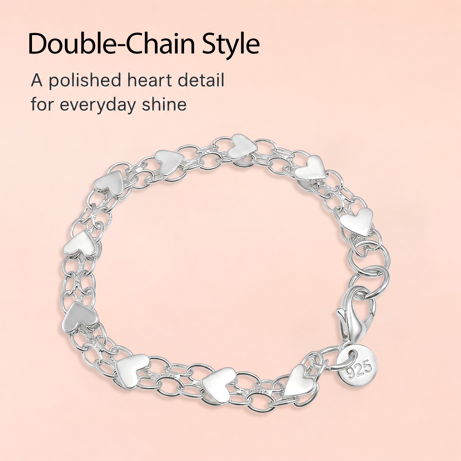Beautiful Double‑Chain Love Heart Link Bracelet Silver for Women Jewelry Girls
