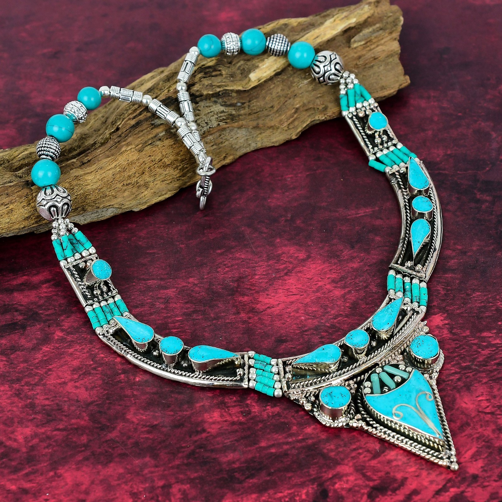 Blue Turquoise Gemstone Handmade 925 Streling Silver Designer Nepali Necklace