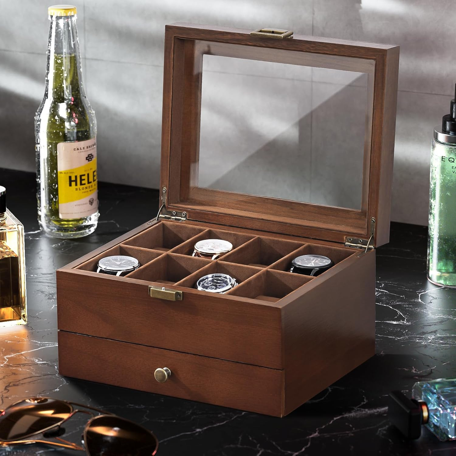 Wooden Watch Case for Men, 8 Slot Mens Watch Box with Drawer, 2-Layer Watch Disp