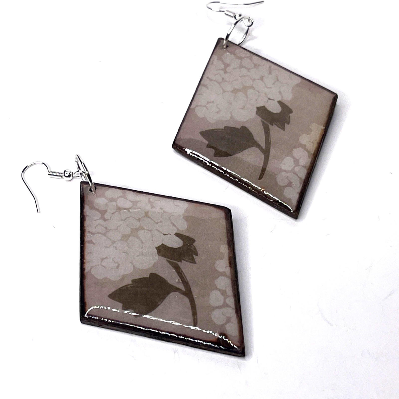 Earrings: 3.75in Handmade Brown Floral Diamond Shape Decoupage Wood Dangle/Drop