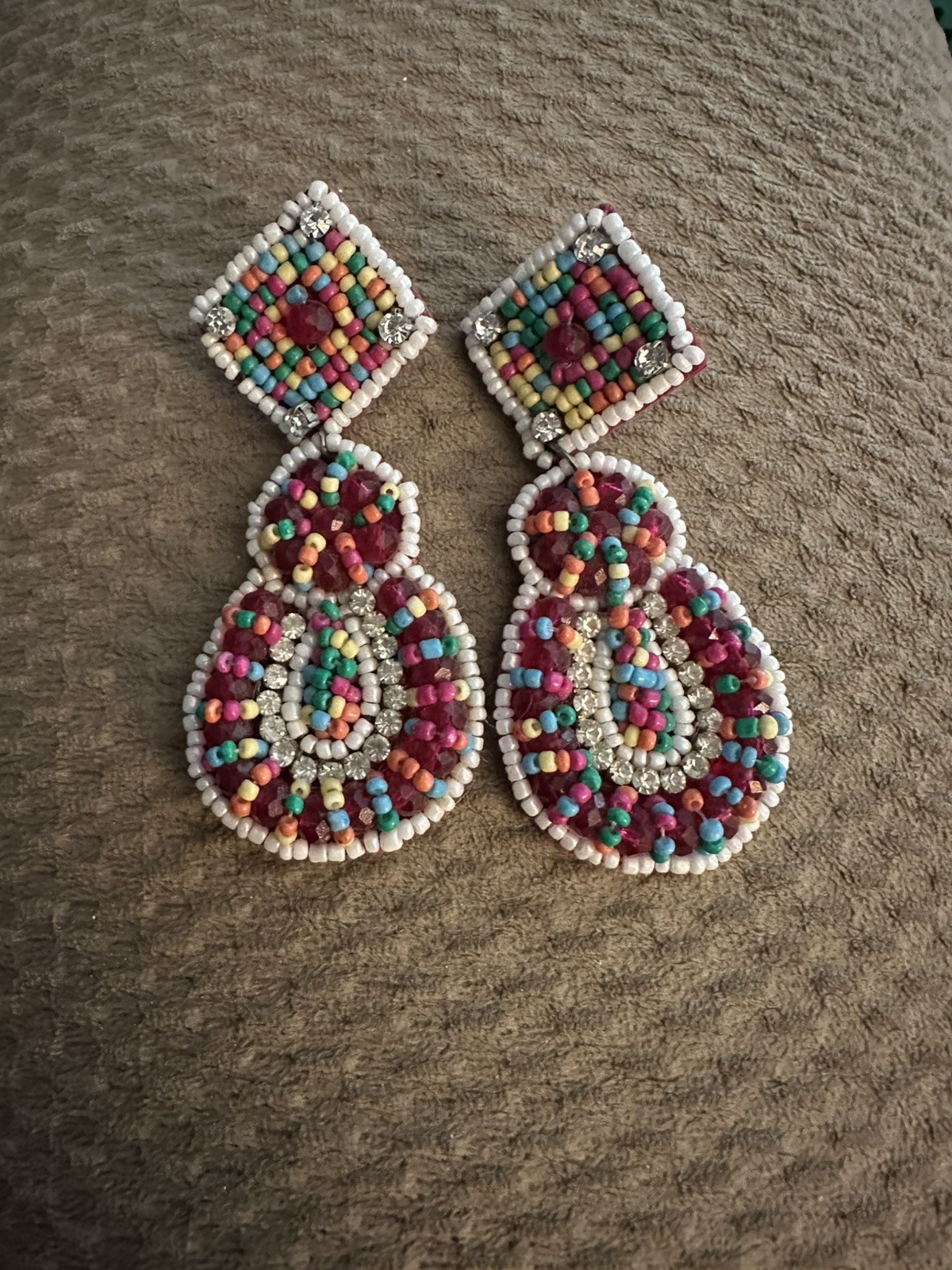 Kay Lee Statement Earrings Beaded Boho Dangling Felt Back Multicolor 3.25”
