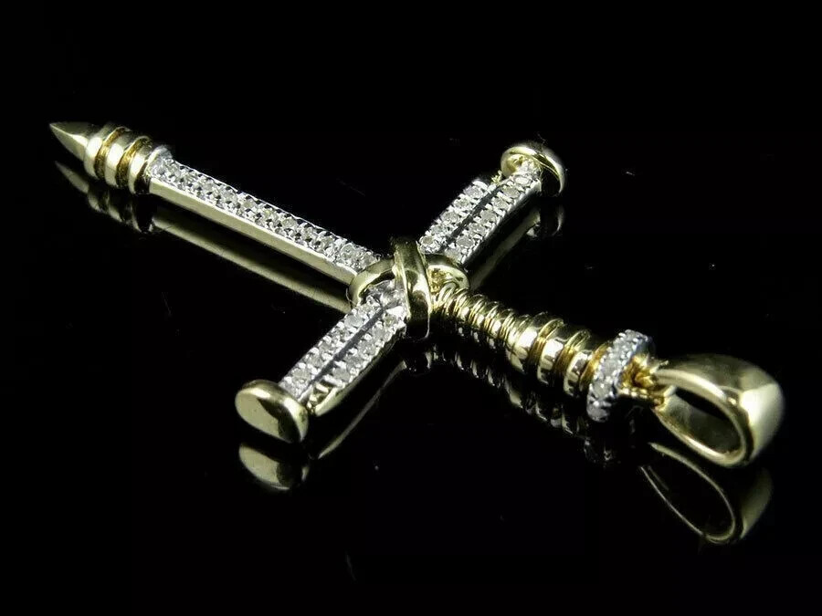 14K Yellow Gold Finish Nail Cross Pendant 0.50Ct 1.5 Inch Lab Created Diamond