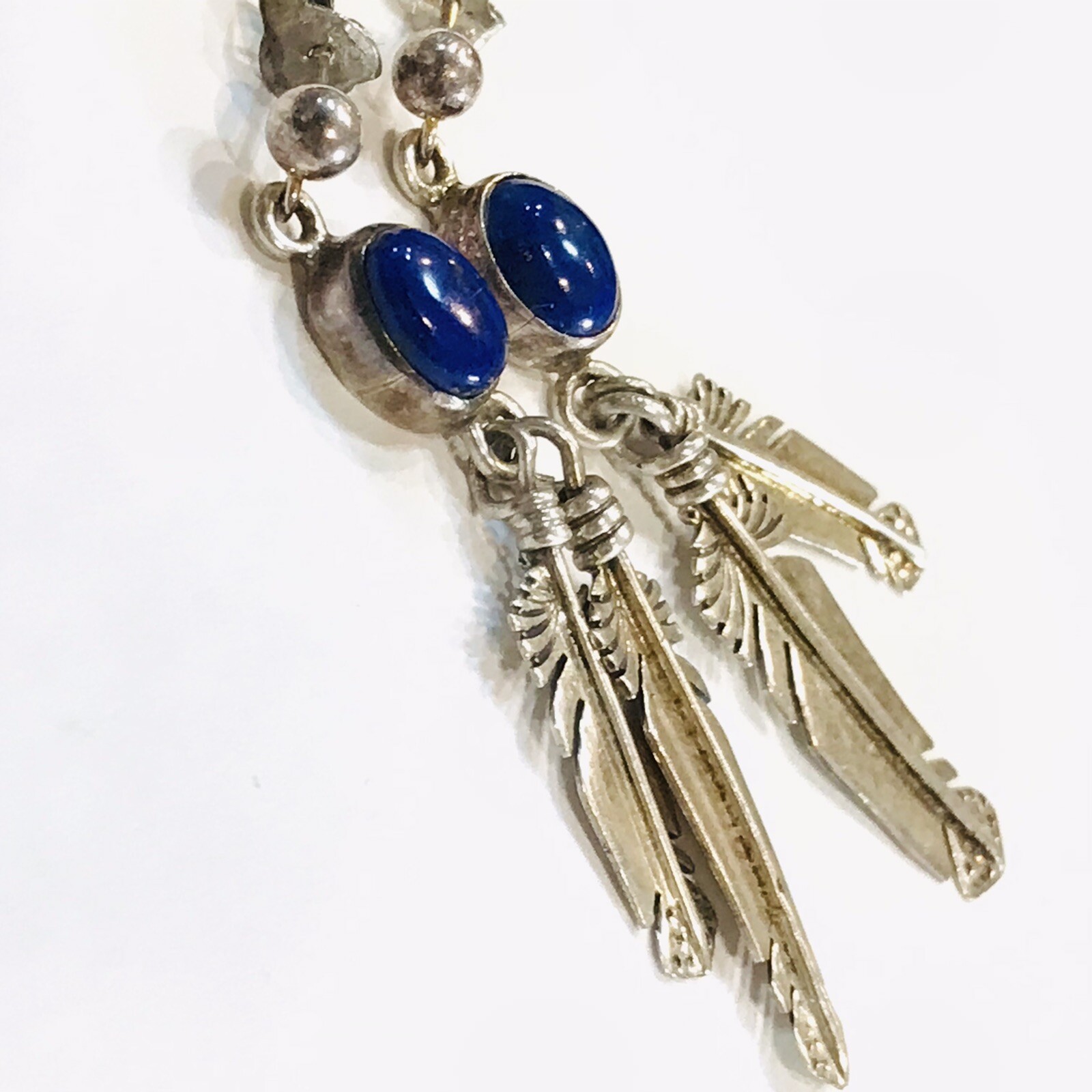 Native American Navajo Lapis Earrings Feather Dangle Sterling Silver Post 6g 2″